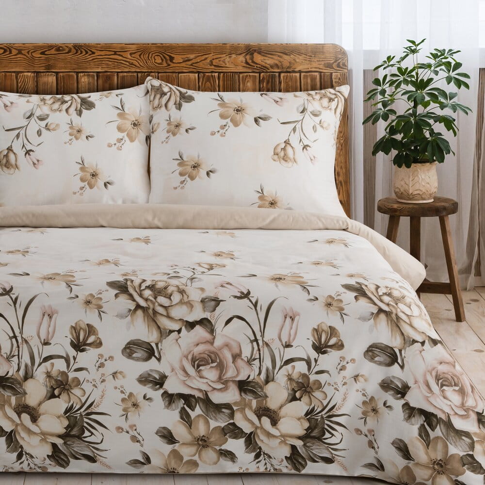 Pościel bawełniana jasnokremowa z wzorem kwiatowym SPRING 41  140x200 cm