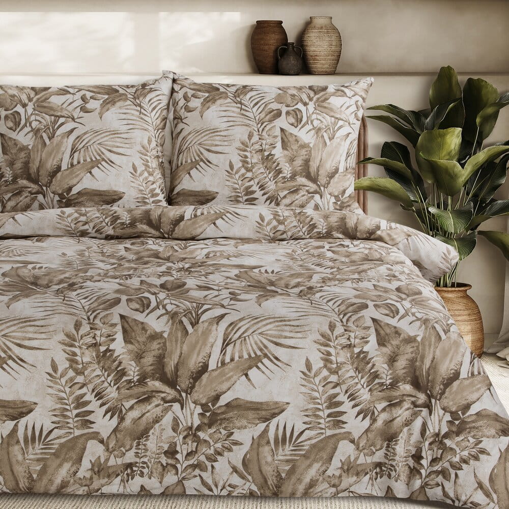 Pościel bawełniana beżowa z wzorem egzotycznych liści SPRING 46 140x200 cm