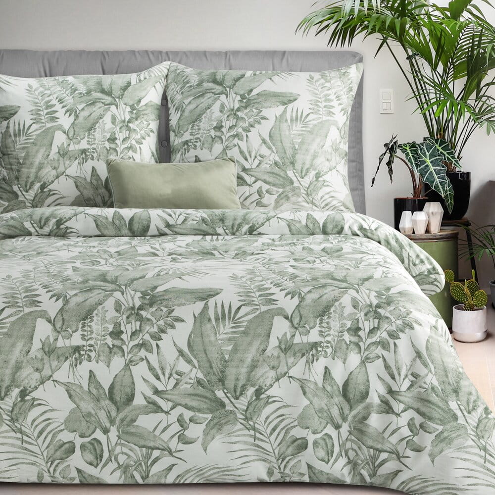 Pościel bawełniana biała z wzorem egzotycznych liści SPRING 48 140x200 cm