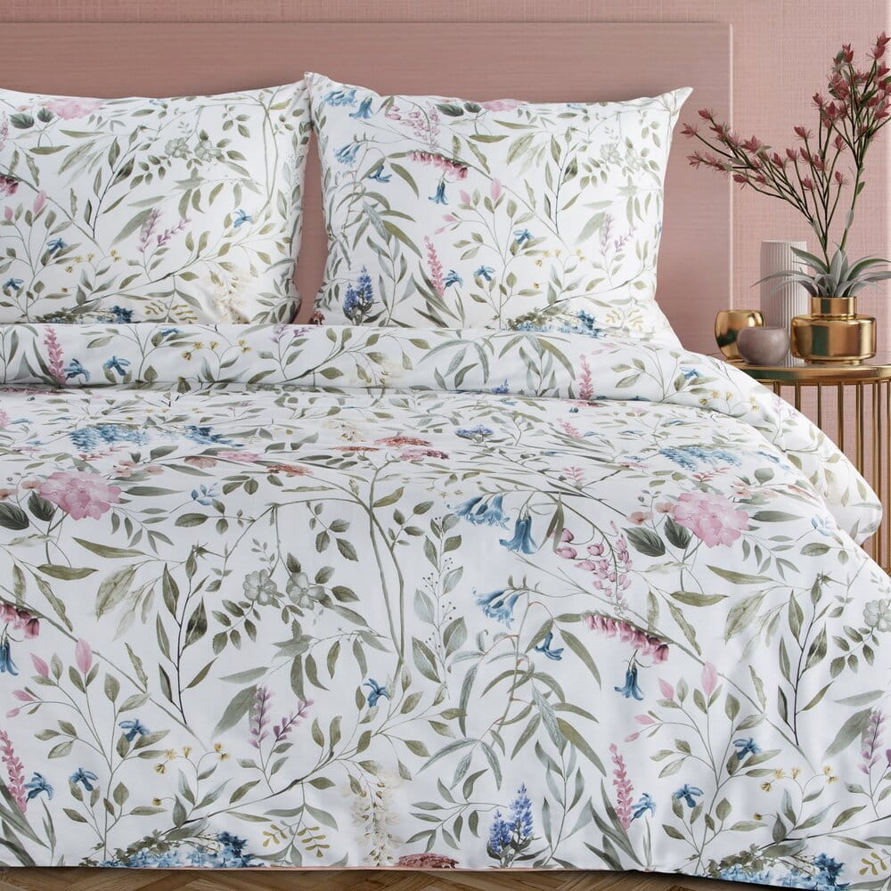 Pościel bawełniana biała z motywem botanicznym SPRING 51 140x200 cm