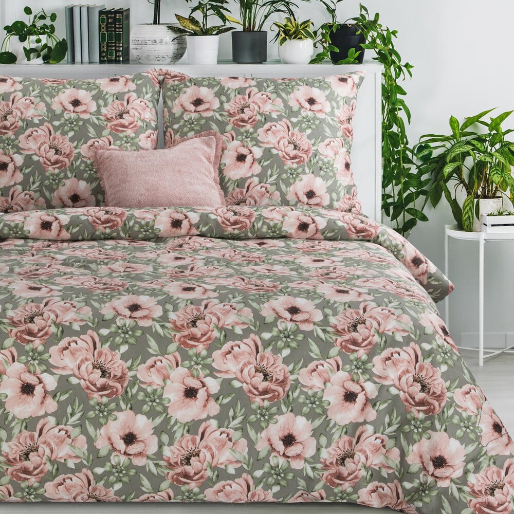Pościel bawełniana stalowa z różowy wzorem kwiatowym SPRING 53 140x200 cm