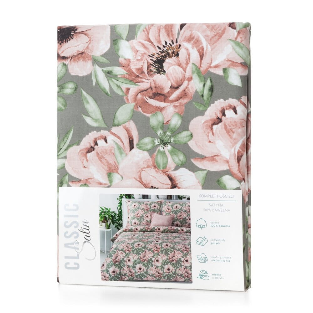 Pościel bawełniana stalowa z różowy wzorem kwiatowym SPRING 53 140x200 cm