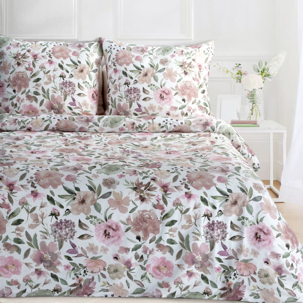 Pościel bawełniana biała z różowym wzorem kwiatowym SPRING 57  140x200 cm