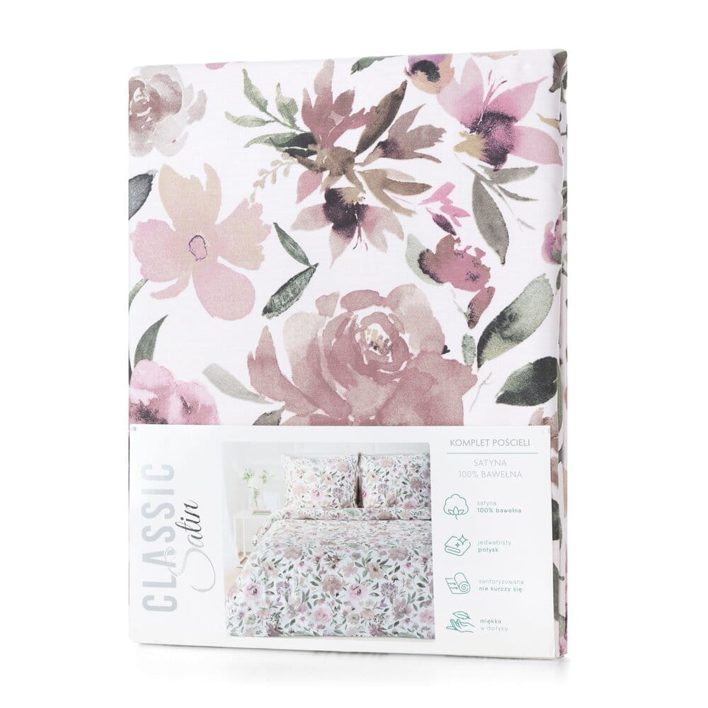 Pościel bawełniana biała z różowym wzorem kwiatowym SPRING 57  140x200 cm