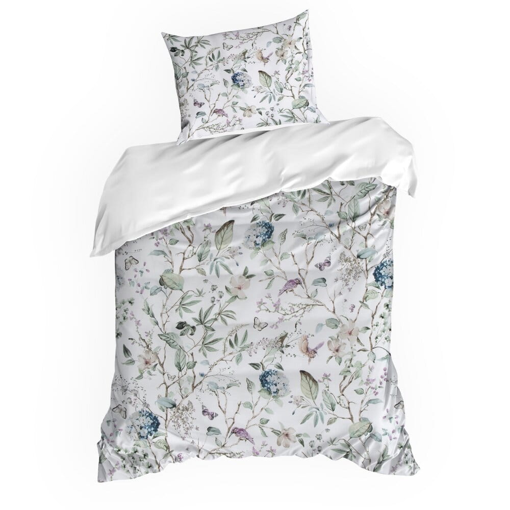 Pościel bawełniana biała z zielonym motywem botanicznym SPRING 56  140x200 cm