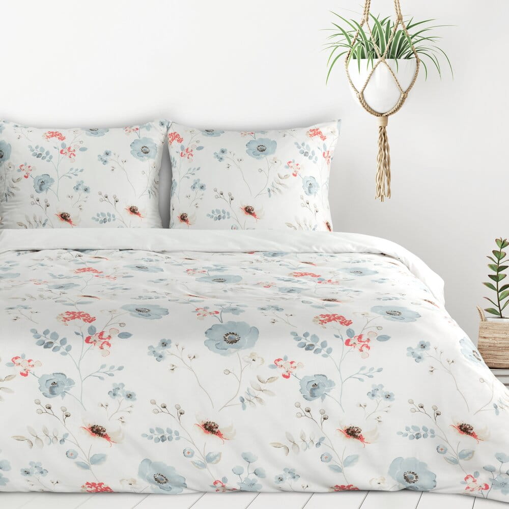 Pościel z mikrowłókna biała z błękitnym z motywem kwiatowym INES Design 91  140x200 cm