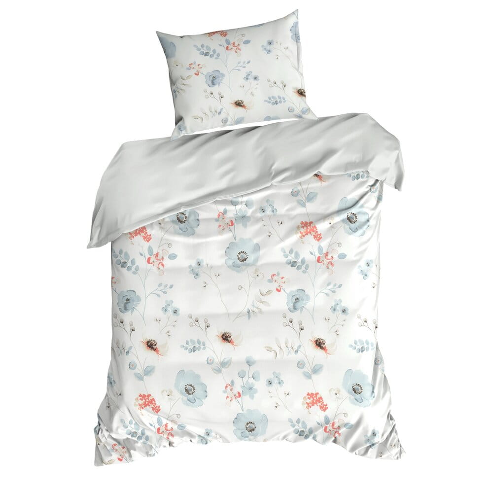 Pościel z mikrowłókna biała z błękitnym z motywem kwiatowym INES Design 91  140x200 cm