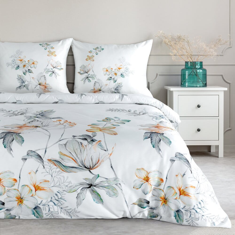 Pościel 160x200 cm bawełniana biała z pomarańczowy z motywem roślinnym AMELIA