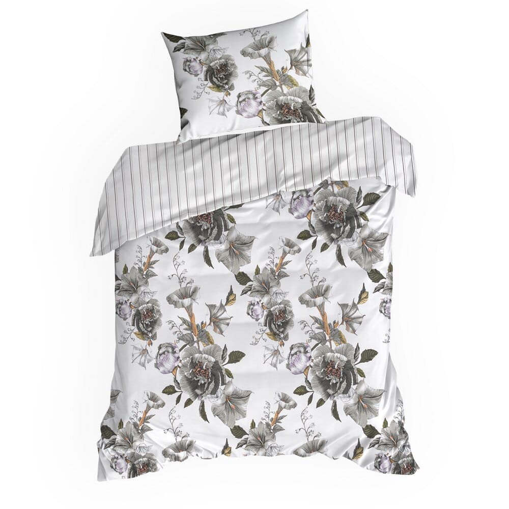 Pościel 140x200 cm bawełniana biała z stalowym wzorem dużych kwiatów SPRING 39