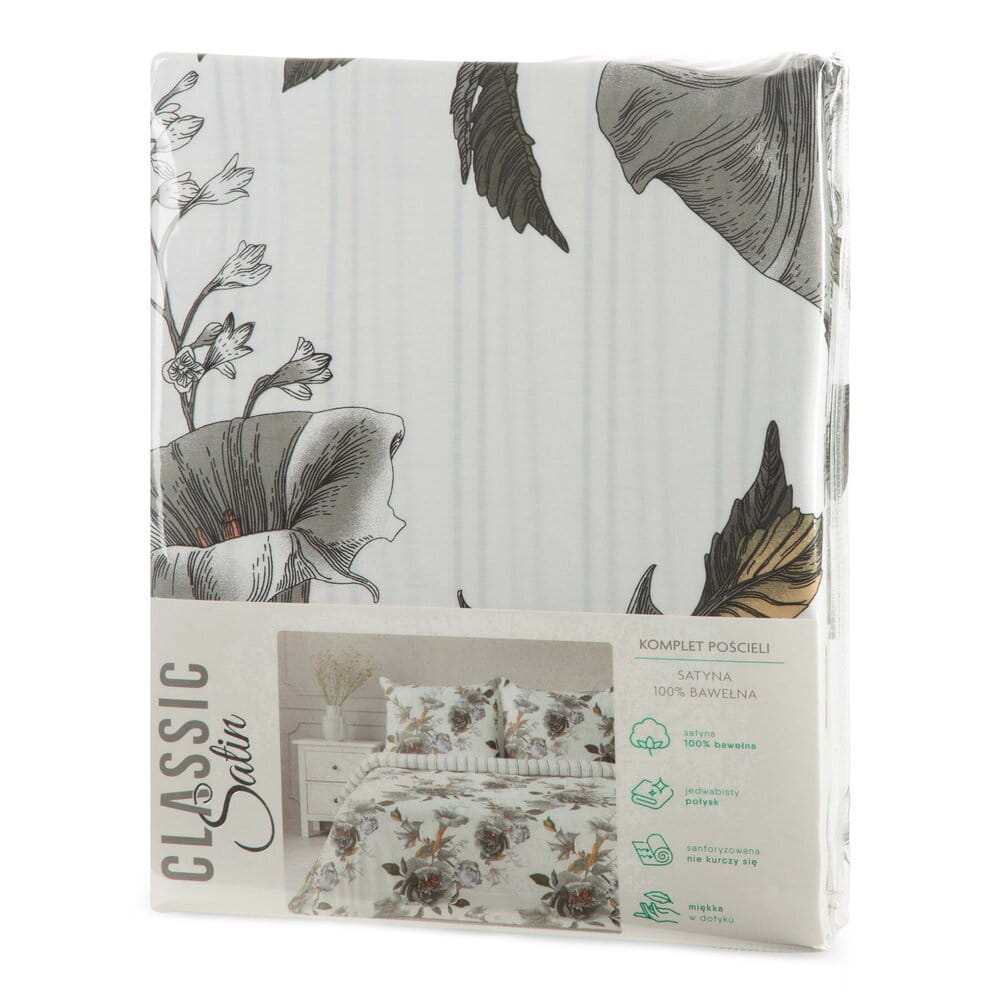Pościel 140x200 cm bawełniana biała z stalowym wzorem dużych kwiatów SPRING 39