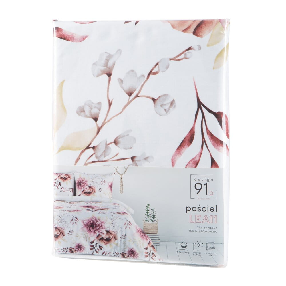 Pościel bawełniana kolor biały z z nadrukiem kwiatów LEA11 140x200 cm