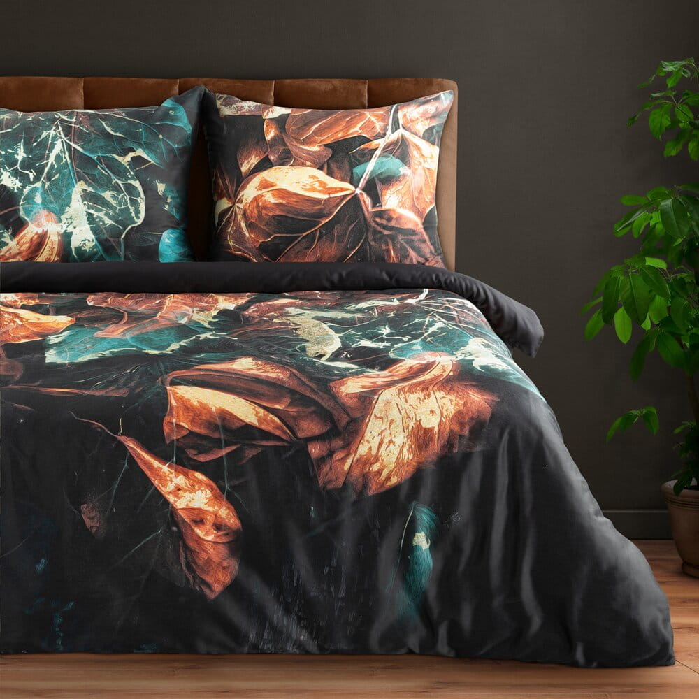 Pościel bawełniana 160x200 cmczarna z wzorem roślinnym EVA 16