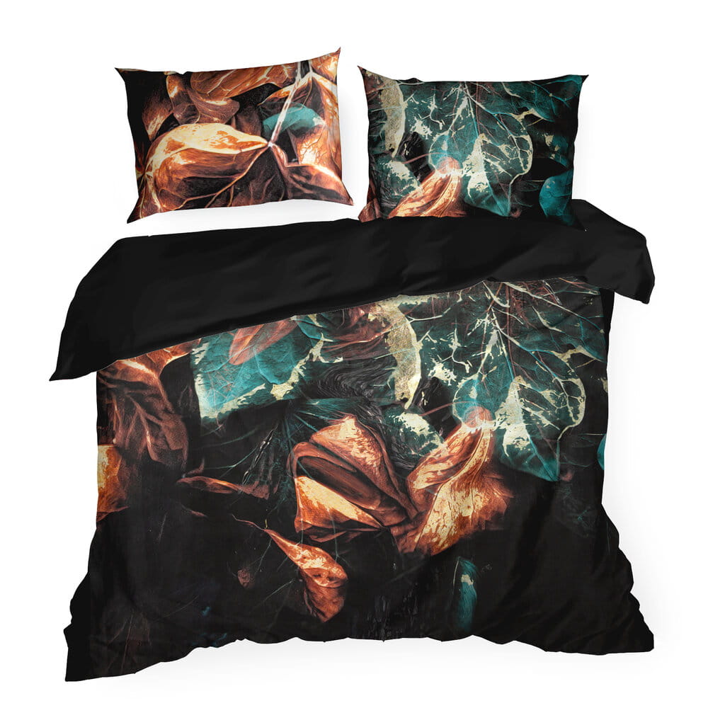 Pościel bawełniana 160x200 cmczarna z wzorem roślinnym EVA 16