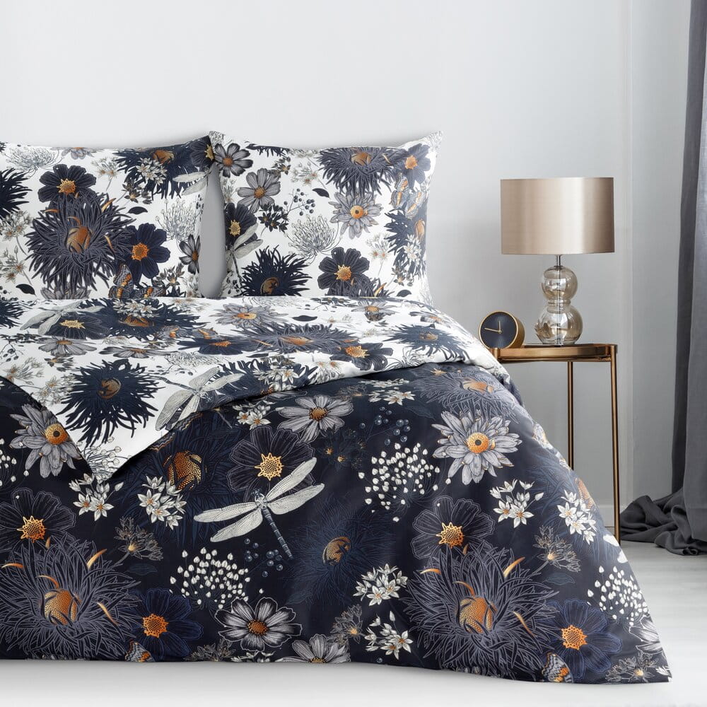Pościel 220x200 cm bawełniana ciemnogranatowa dwustronna z wzorem kwiatowym NIKA 55