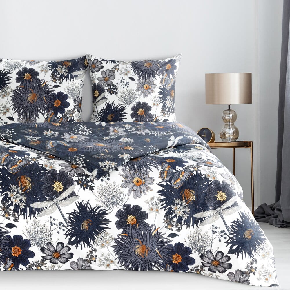Pościel 220x200 cm bawełniana ciemnogranatowa dwustronna z wzorem kwiatowym NIKA 55