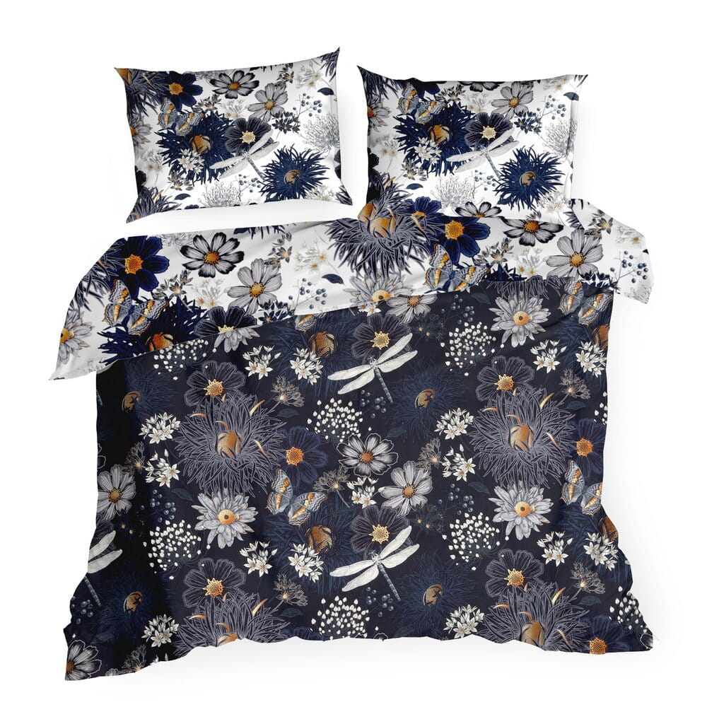 Pościel 220x200 cm bawełniana ciemnogranatowa dwustronna z wzorem kwiatowym NIKA 55