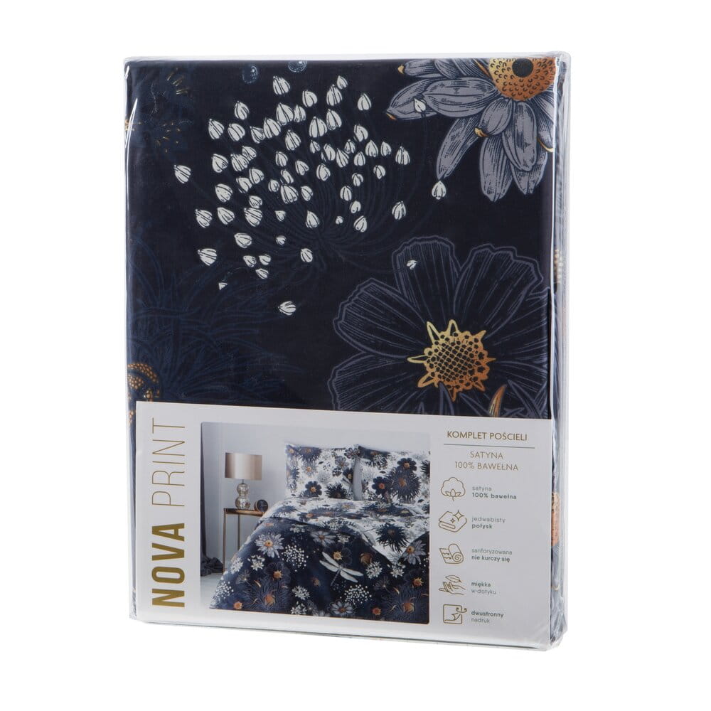 Pościel 220x200 cm bawełniana ciemnogranatowa dwustronna z wzorem kwiatowym NIKA 55