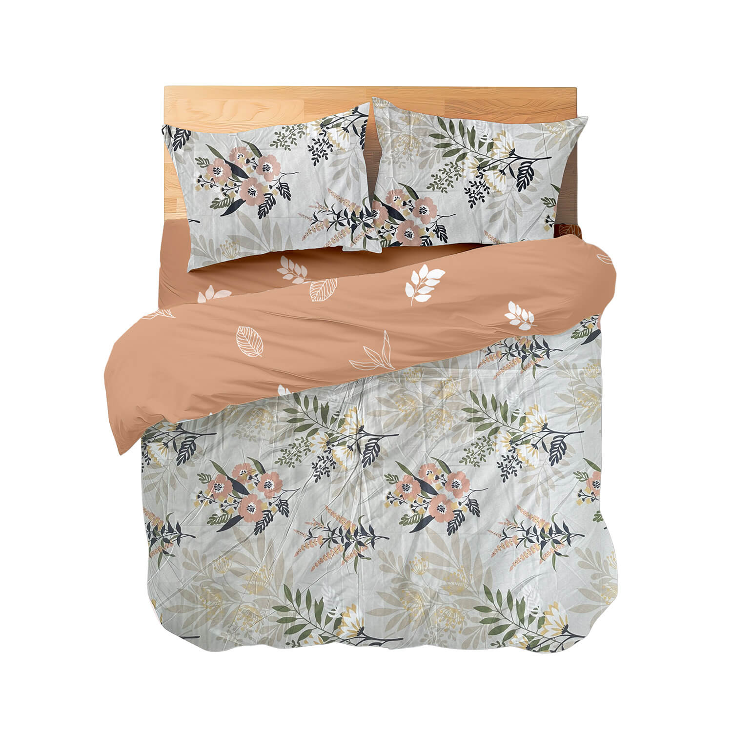 Pościel 4-częściowa z satyny bawełnianej 220x200 cm łososiowa ze wzorem kwiatowym dwustronna
