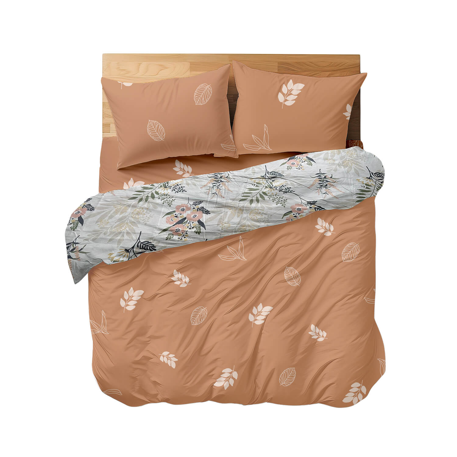 Pościel 4-częściowa z satyny bawełnianej 220x200 cm łososiowa ze wzorem kwiatowym dwustronna