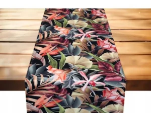 Bieżnik Flower 40x140 cm czarny z roślinnym wzorem