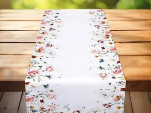 Bieżnik Flower 40x140 cm biały z kwiatowym wzorem