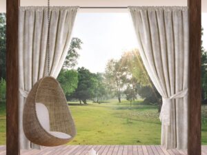 Zasłona GARDEN do ogrodu i na taras wodoodporna z motywem roślinnym na tunelu 155x200 cm