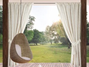 Zasłona GARDEN do ogrodu i na taras wodoodporna z motywem botanicznym na tunelu 155x200 cm